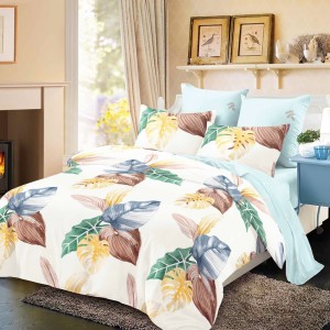 Lenjerie Pat Dublu, FINET, 6 piese, Alb, Bleu, Frunze Colorate
