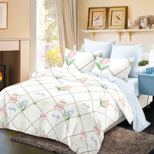 Lenjerie Pat Dublu, FINET, 6 piese, Alb, Bleu, Ursuleți, Flori
