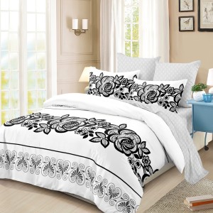 Lenjerie Pat Dublu, FINET, 6 piese, Alb, Negru, Gri, Flori, Inimioare