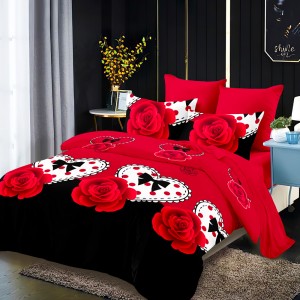 Lenjerie Pat Dublu, FINET, 6 piese, Roșu, Negru, Inimioare, Flori Lenjerie Pat Dublu, FINET, 6 piese, Roșu, Negru, Inimioare, Flori