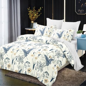 Lenjerie Pat Dublu, FINET, 6 piese, Crem, Gri, Frunze, Flori