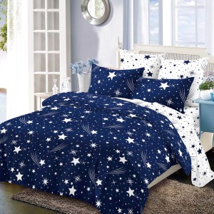 Lenjerie Pat Dublu, FINET, 6 piese, Bleumarin, Alb, Ploaie de Stele