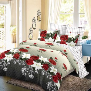 Lenjerie Pat Dublu, FINET, 6 piese, Bej, Gri, Trandafiri, Crini