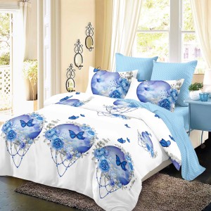 Lenjerie Pat Dublu, FINET, 6 piese, Alb, Albastru, Flori, Fluturi