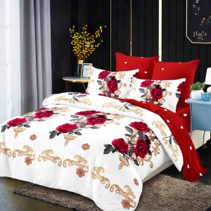 Lenjerie Pat Dublu, FINET, 6 piese, Alb, Roșu, Trandafiri