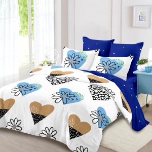 Lenjerie Pat Dublu, FINET, 6 piese, Alb, Albastru, Inimioare, Flori