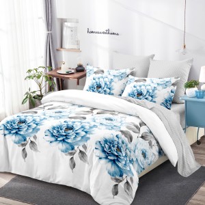 Lenjerie Pat Dublu, FINET, 6 piese, Alb, Albastru, Gri, Flori Lenjerie Pat Dublu, FINET, 6 piese, Alb, Albastru, Gri, Flori