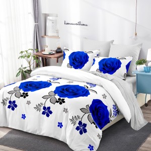 Lenjerie Pat Dublu, FINET, 6 piese, Alb, Albastru, Flori