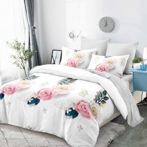 Lenjerie Pat Dublu, FINET, 6 piese, Alb, Gri, Flori