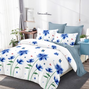 Lenjerie Pat Dublu, FINET, 6 piese, Alb, Albastru, Flori