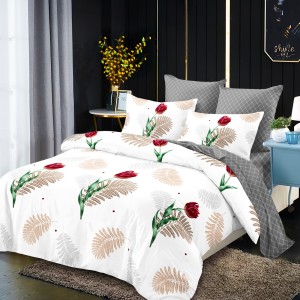 Lenjerie Pat Dublu, FINET, 6 piese, Alb, Gri, Flori, Frunze Lenjerie Pat Dublu, FINET, 6 piese, Alb, Gri, Flori, Frunze