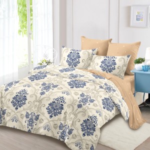 Lenjerie Pat Dublu, FINET, 6 piese, Crem, Bej, Albastru, Model Elegant