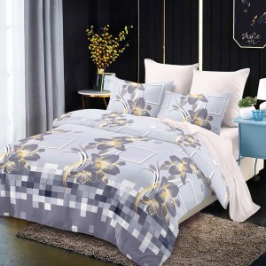 Lenjerie Pat Dublu, FINET, 6 piese, Bleu, Gri, Flori