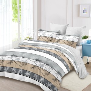 Lenjerie Pat Dublu, FINET, 6 piese, Gri, Bej, Dungi, Flori