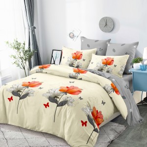 Lenjerie Pat Dublu, FINET, 6 piese, Bej, Gri, Flori Lenjerie Pat Dublu, FINET, 6 piese, Bej, Gri, Flori