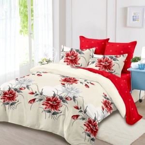 Lenjerie Pat Dublu, FINET, 6 piese, Crem, Roșu, Flori Lenjerie Pat Dublu, FINET, 6 piese, Crem, Roșu, Flori