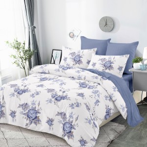 Lenjerie Pat Dublu, FINET, 6 piese, Alb, Albastru, Flori