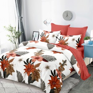 Lenjerie Pat Dublu, FINET, 6 piese, Alb, Cărămiziu, Flori, Frunze