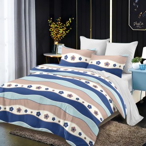 Lenjerie Pat Dublu, FINET, 6 piese, Albastru, Bej, Dungi, Flori