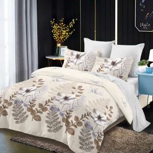 Lenjerie Pat Dublu, FINET, 6 piese, Crem, Gri, Flori