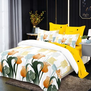 Lenjerie Pat Dublu, FINET, 6 piese, Alb, Galben, Flori Lenjerie Pat Dublu, FINET, 6 piese, Alb, Galben, Flori