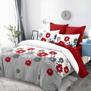 Lenjerie Pat Dublu, FINET, 6 piese, Alb, Gri, Roșu, Flori