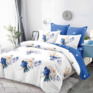 Lenjerie Pat Dublu, FINET, 6 piese, Alb, Bleu, Flori Lenjerie Pat Dublu, FINET, 6 piese, Alb, Bleu, Flori