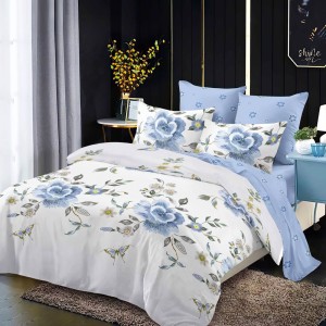 Lenjerie Pat Dublu, FINET, 6 piese, Alb, Bleu, Flori, Fluturi