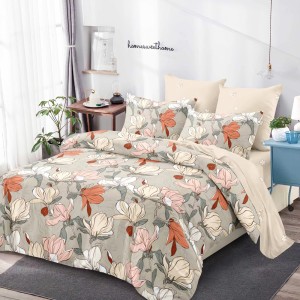 Lenjerie Pat Dublu, FINET, 6 piese, Gri, Bej, Flori