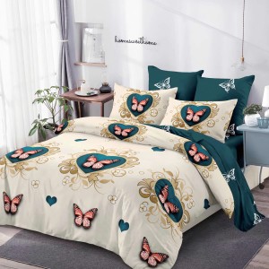 Lenjerie Pat Dublu, FINET, 6 piese, Crem, Turquoise, Fluturi