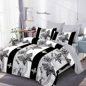 Lenjerie Pat Dublu, FINET, 6 piese, Alb, Negru, Flori, Fluturi