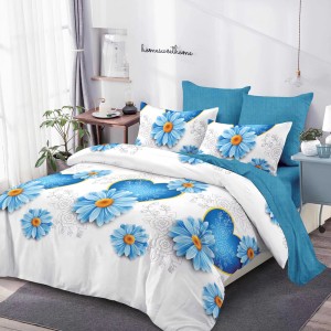 Lenjerie Pat Dublu, FINET, 6 piese, Alb, Bleu, Flori Lenjerie Pat Dublu, FINET, 6 piese, Alb, Bleu, Flori