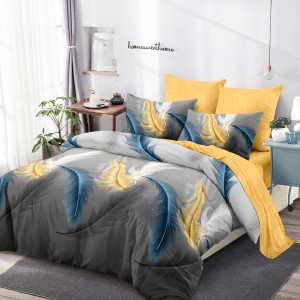 Lenjerie Pat Dublu, FINET, 6 piese, Gri, Galben, Pene