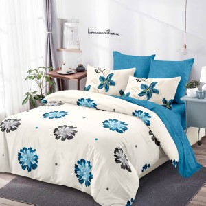 Lenjerie Pat Dublu, FINET, 6 piese, Crem, Albastru, Flori