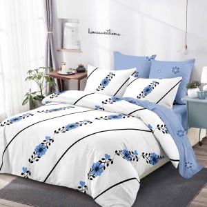 Lenjerie Pat Dublu, FINET, 6 piese, Alb, Albastru, Flori Lenjerie Pat Dublu, FINET, 6 piese, Alb, Albastru, Flori