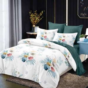Lenjerie Pat Dublu, FINET, 6 piese, Alb, Petrol, Flori