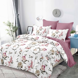 Lenjerie Pat Dublu, FINET, 6 piese, Alb, Roz, Flori Lenjerie Pat Dublu, FINET, 6 piese, Alb, Roz, Flori