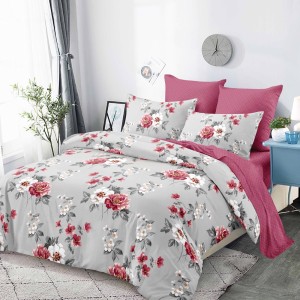 Lenjerie Pat Dublu, FINET, 6 piese, Gri, Roz, Flori Lenjerie Pat Dublu, FINET, 6 piese, Gri, Roz, Flori