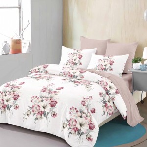 Lenjerie Pat Dublu, FINET, 6 piese, Crem, Roz, Flori