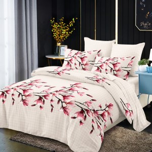 Lenjerie Pat Dublu, FINET, 6 piese, Crem, Roz, Magnolii Lenjerie Pat Dublu, FINET, 6 piese, Crem, Roz, Magnolii