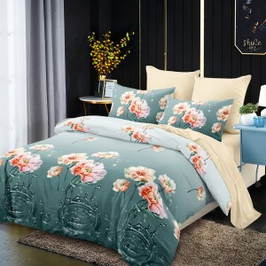 Lenjerie Pat Dublu, FINET, 6 piese, Verde, Bej, Flori