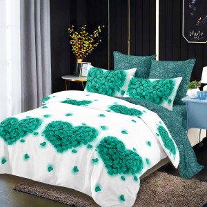 Lenjerie Pat Dublu, FINET, 6 piese, Alb, Turquoise, Inimioare