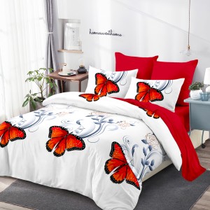 Lenjerie Pat Dublu, FINET, 6 piese, Alb, Roșu, Fluturi