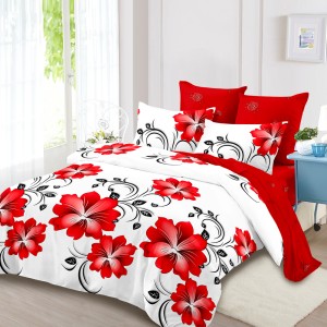 Lenjerie Pat Dublu, FINET, 6 piese, Alb, Roșu, Flori