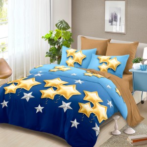 Lenjerie Pat Dublu, FINET, 6 piese, Albastru, Maro, Steluțe