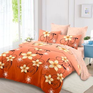 Lenjerie Pat Dublu, FINET, 6 piese, Portocaliu, Somon, Flori