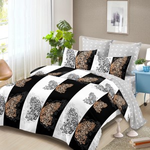 Lenjerie Pat Dublu, FINET, 6 piese, Alb, Negru, Dungi, Fluturi