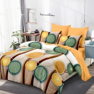 Lenjerie Pat Dublu, FINET, 6 piese, Bej, Galben, Cercuri, Buline