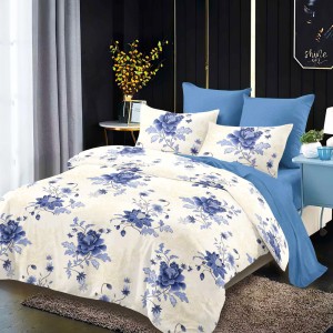 Lenjerie Pat Dublu, FINET, 6 piese, Crem, Albastru, Flori