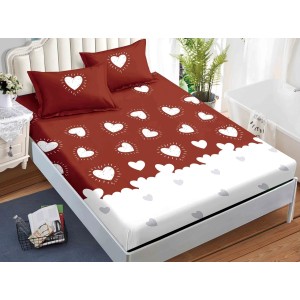 Cearsaf cu elastic, Bumbac FINET, 160x200cm, 2 fete de perne 50x70cm, Alb-Rosu, inimioare